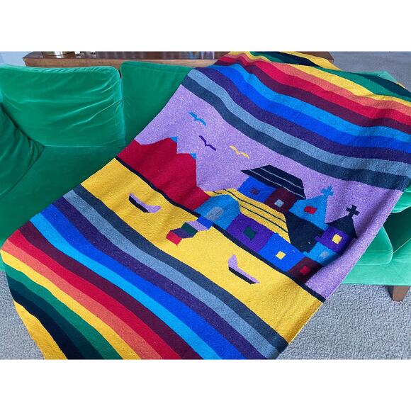 vintage 80s RAINBOW STRIPED Iglesia MEXICAN Blanket serape woven Falsa blanket - Picture 6 of 10